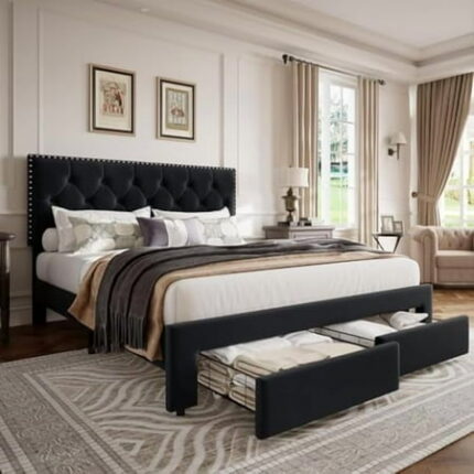King Size Bed Frame with 2 Storage Drawers Vintage Velvet Upholstered Bedframe with Wooden Slat Support and Button Tufted Wingback Headboard No Box Spring Needed Noise Free Black