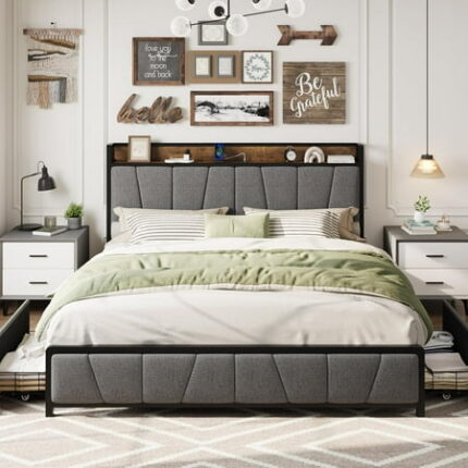 King Size Bed Frame with 2 Storage Drawers and Charging Station Rustic Linen Upholstered Platform Bedframe with Storage Headboard Heavy Duty No Box Spring Needed Easy Assembly Noise Free