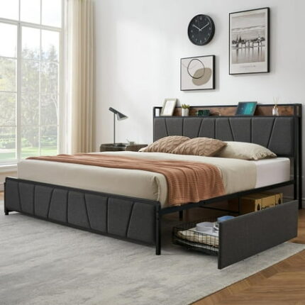 King Size Bed Frame with 2 Storage Drawers and Charging Station Upholstered Platform Bedframe with Storage Headboard Heavy Duty No Box Spring Needed Easy Assembly Noise Free Grey