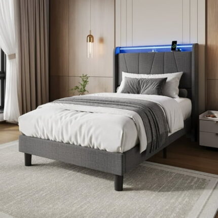 King Size Bed Frame with LED Lights and Charging Station Fabric Upholstered Platform King Bed Frame with Headboard No Box Spring Needed Bedframe Noise Free Easy Assembly Gray