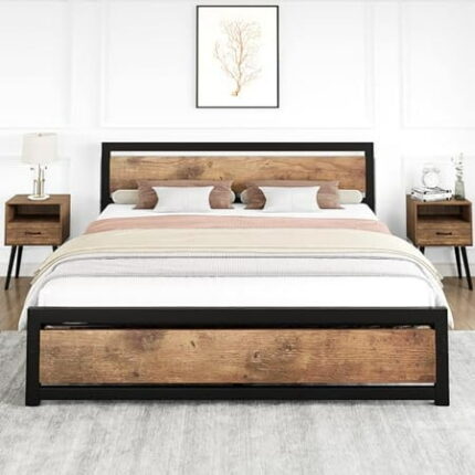 King Size Bed Frame with Wood Headboard Industrial King Platform Bed with Heavy Duty Slat Support 14 inch BedFrame Mattress Foundation No Box Spring Needed