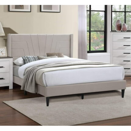 Light Brown Color 1Pc Queen Size Bed Burlap Fabric Headboard Upholstered Bedroom Furniture Platform Bedframe Queen Light Brown Wood Bedroom Contemporary Modern Bed Frame Particle Board