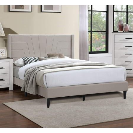 Light Brown Color 1Pc Queen Size Bed Burlap Fabric Headboard Upholstered Bedroom Furniture Platform Bedframe Queen Light Brown Wood Bedroom Contemporary Modern Bed Frame Particle Board