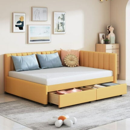 Linen Fabric Full Size Upholstered Bed Frame with 2 Storage Drawers Sofa Bed Platform Bed Frame Mid Century Bedframe Wood Daybed Wood Foundation(Yellow Full)