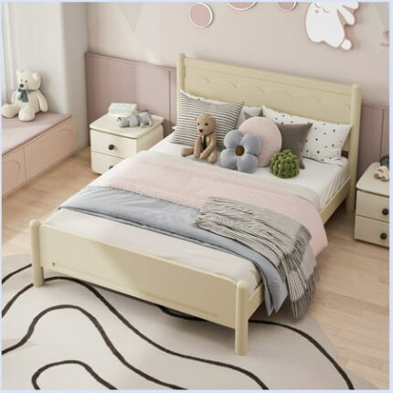 MDAQMD Natural Wooden Platform Bed Frame Wood Bed Frame With Headboard with No Box Spring Needed Bedframe Queen-Size for Teenagers Adults Beige