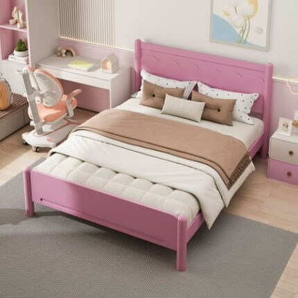 MDAQMD Wooden Platform Bed Frame Queen Size Bedframe Queen-Size With Headboard with No Box Spring Needed Bed Frame Queen Size for Teenagers Adults Pink