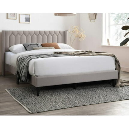 Modern Eye Catching 1Pc Queen Size Bed Light Brown Burlap Fabric Unique Diamond Design Headboard Bedframe Box Spring Not Required Queen Light Brown Wood Bedroom Contemporary Modern Bed Frame Burlap