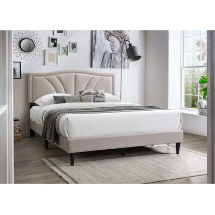 Modern Vintage 1Pc Queen Size Bed Light Brown Burlap Fabric Trim Accents Headboard Bedframe Box Spring Not Required Queen Light Brown Wood Bedroom Contemporary Modern Bed Frame Burlap