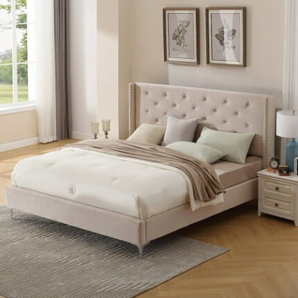 Morden Fort Upholstered California King Bed Frame With Headboard Beige Tufted Velvet Soft Frame Bedframe Platform Bed No Box Spring Needed