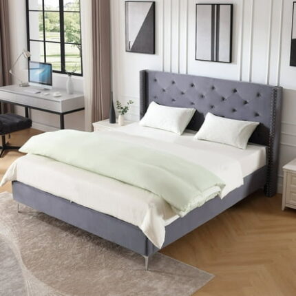 Morden Fort Upholstered California King Bed Frame with Tufted Headboard Wingback Grey Velvet Platform Soft Frame Bedframe No Box Spring Needed Nailhead Trim