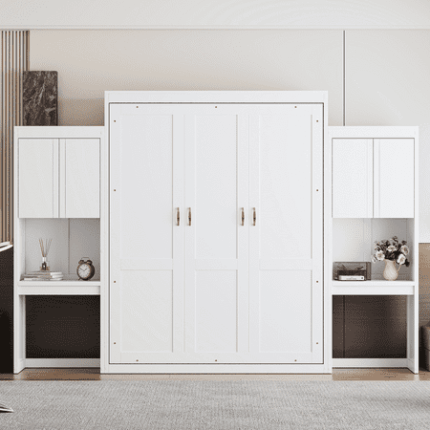 Murphy Bed Queen Size Hideaway Wall Chest with Closet and Drawers Storage Cabinet Bed Frame w/Shelves can be Folded into a Cabinets Bedroom Folding Bedframe for Guest Room Study (White)