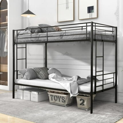Over Bunk Bed with Slide House Shaped Bedframe w/Ladder Heavy Duty Low Bunk Bed Frame with Guardrail No Box Spring Needed & Easy Assemble