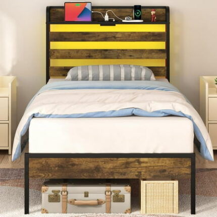 PIYING Twin Bed Frames with Storage Headboard Led Bed Frame with Charging Station Metal Platform Bed Wood Bedframe with Heavy Duty Slats Noise-Free No Box Spring Needed Easy Assembly