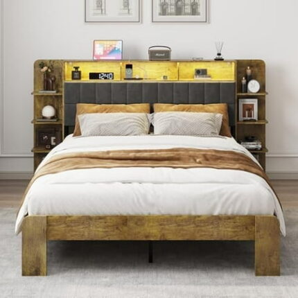 Queen Bed Frame with Linen Headboard Queen Size Platform Bed with LED Lights & Charging Station Wooden Bedframe with Storage & Bookcase Shelves No Box Spring Needed(A-Brown)