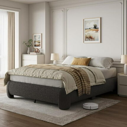 Queen Size Bed Frame Soft Cloud Bed Frame with Round Corner Bedframe with Heavy Duty Wood Slat No Box Spring Needed Dark Grey
