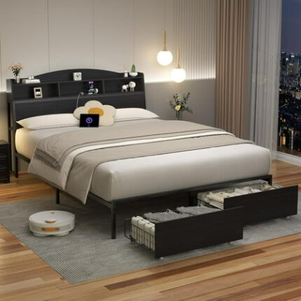 Queen Size Bed Frame with 2 Drawers&Storage Headboard Platform Bed Frames with Charging Station Non-Slip Metal BedFrame Noise-Free/No Box Spring Needed/Easy Assembly (Black)