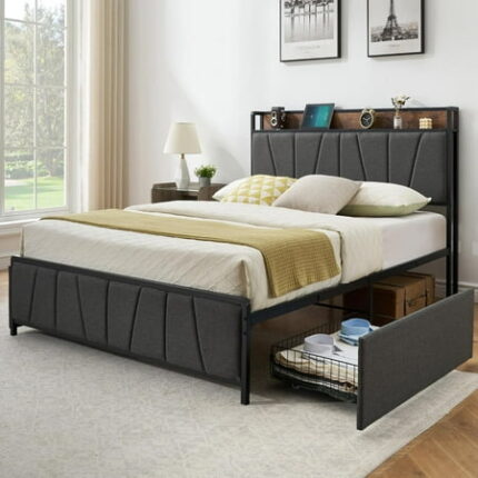 Queen Size Bed Frame with 2 Storage Drawers and Charging Station Rustic Linen Upholstered Platform Bedframe with Storage Headboard Heavy Duty Easy to Assemble No Box Spring Needed Gray
