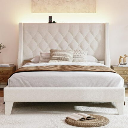 Queen Size Bed Frame with Headboard White Platform Bed Frame with Charging Station Wingback Bedframe with Headboard and Storage