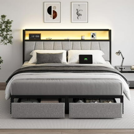Queen Size Bed Frame with Headboard and Storage Drawers Platform Bed Frame with Storage Chargin Station LED Light Bedframe Heavy Duty No Box Spring Needed