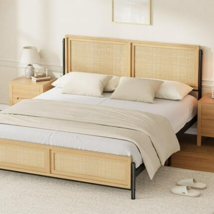Queen Size Bed Frame with Natural Rattan Headboard and Footboard Wooden Queen Platform Bed No Box Spring Needed 14 inch Noise-Free Easy Assemble Metal Bedframe Metal Platform with Strong Wooden Slat