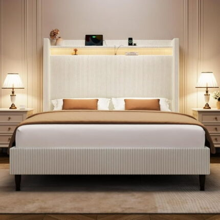 Queen Size Bed Frame with Tall Headboard 55.3 Upholstered Platform Bed with LED Lights & Charging Station Elegant Corduroy Bedframe 2-tier Storage Wingback Headboard No Box Spring Needed Cream