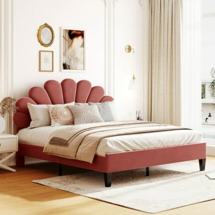 Queen Size Platform Bed Upholstered Velvet Bedframe with Flower Pattern Headboard & 12 Wood Slat Support Queen Storage Bed Frame for Bedroom Guestroom No Box Spring Need Bean Paste Red