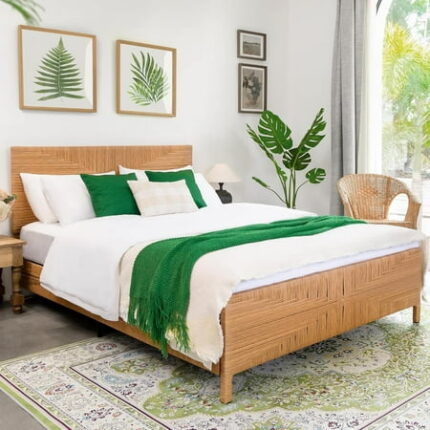 Rattan Boho Queen Bed Frame with Headboard and Footboard Hand-woven Mid Century Modern Bedframe with Vintage Pattern Bamboo Bed with Metal Frame and Metal Slats No Box Spring Needed 1000lbs
