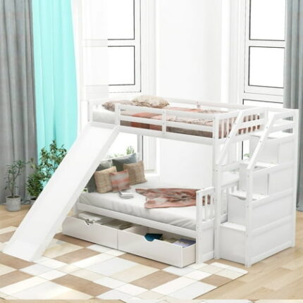 Royard Oaktree Twin Over Full Bunk Bed Multifunctional Wood Bedframe with Drawers Slide Storage Staircase and Guardrails Space Saving Bed Frame for Dorm Bedroom Guest Room White