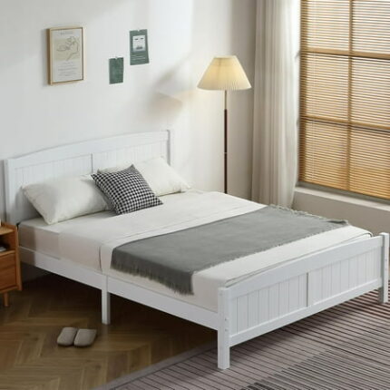 SSYBAB Wood Bedframe Queen Bed Frame with Headboard Bedroom Platform Bed with Footboard 12 Wood Slat Support No Box Spring Needed White