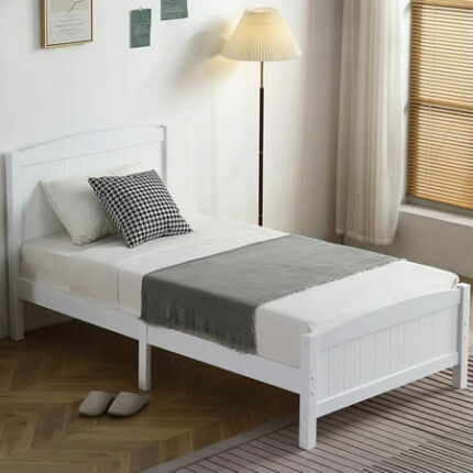 SSYBAB Wood Bedframe Twin Bed Frame with Headboard Bedroom Platform Bed with Footboard 12 Wood Slat Support No Box Spring Needed White