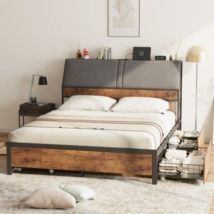 Senfot Full Size Bed Frame with Tall Ergonomic Upholstered Headboard Charging Station & 4 Storage Drawers with Wheels 3-Tier Sturdy Metal Platform Bedframe No Box Spring Needed Easy Assembly