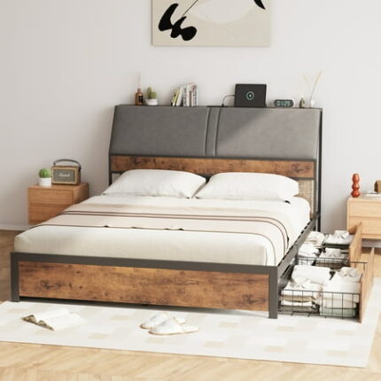 Senfot Queen Size Bed Frame with Tall Ergonomic Upholstered Headboard Charging Station & 4 Storage Drawers with Wheels 3-Tier Sturdy Metal Platform Bedframe No Box Spring Needed Easy Assembly