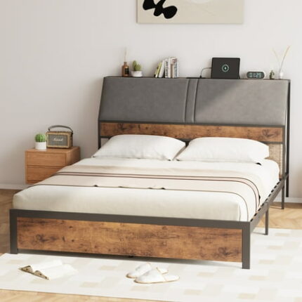 Senfot Queen Size Bed Frame with Tall Ergonomic Upholstered Headboard Charging Station & Hidden Storage 3-Tier Sturdy Metal Platform Bedframe No Box Spring Needed Easy Assembly