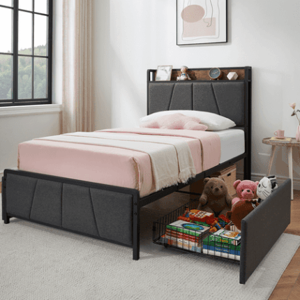 Senfot Twin-XL Size Bed Frame with 2 Storage Drawers and Charging Station Linen Upholstered Platform Bedframe with Storage Headboard No Box Spring Needed Noise Free Easy Assembly Grey