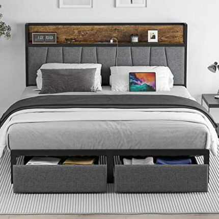 Size Bed Frame with Headboard and Storage Size Platform Bed Frame with Drawers Storage Chargin Station LED Light Bedframe Size Heavy Duty No Box Spring Needed