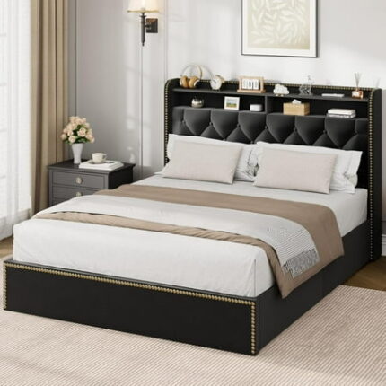 Studyset Velvet Queen Size Bed Frame with 4 Storage Drawers Upholstered Queen Platform with Tufted Headboard and Nailhead Trim Design Black No Box Spring Needed Wooden Slats Bedframe
