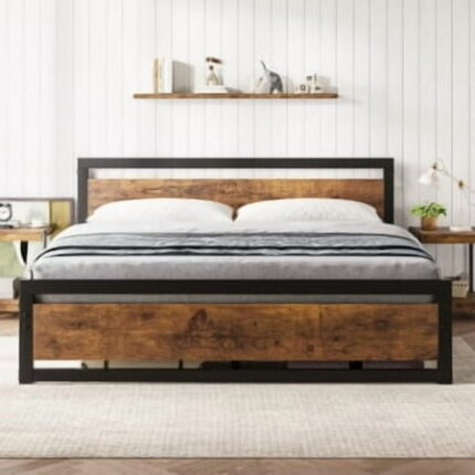 Trilenars 14 Inch King Size Bed Frame Industrial Queen Bed Platform with Headboard No Box Spring Needed Easy Assemble Mattress Bedframe Retro Brown Retro