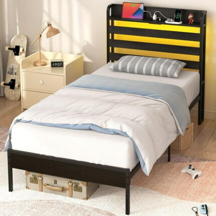 Twin Bed Frames with Storage Headboard Led Bed Frame with Charging Station Metal Platform Bed Wood Bedframe with Heavy Duty Slats Noise-Free No Box Spring Needed Easy Assembly