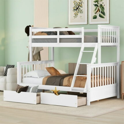 Twin-Over-Full Bunk Bed with 2 Storage Drawers Solid Wood Bunk Bed Frame with Inclined Ladder and Full-Length Guardrails Wood Bedframe for Bedroom Dorm Can Be Divided into 2 Beds White