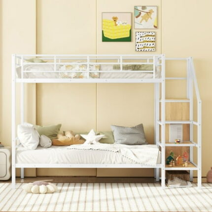 Twin Over Twin Bunk Beds with Storage Stairs & Wardrobe Heavy Duty Metal Bunk Bed Frame with Safety Guardrail Twin Size Low Bunk Bedframe for Teens Adults Bedroom No Box Spring Needed White