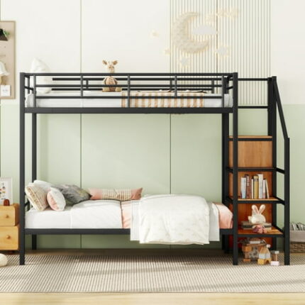 Twin Over Twin Bunk Beds with Storage Stairs & Wardrobe Heavy Duty Metal Bunk Bed Frame with Safety Guardrail Twin Size Low Bunk Bedframe for Teens Adults Bedroom No Box Spring Needed Black