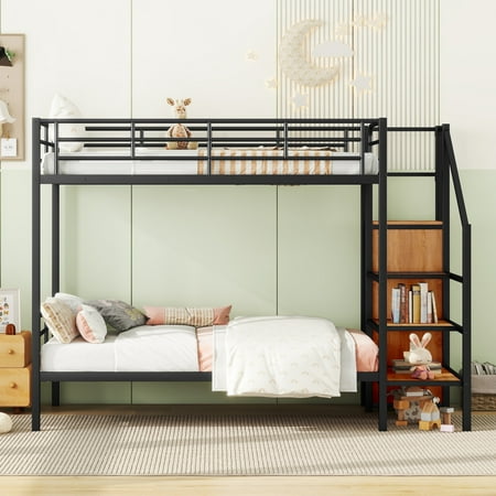 Twin Over Twin Bunk Beds with Storage Stairs & Wardrobe Heavy Duty Metal Bunk Bed Frame with Safety Guardrail Twin Size Low Bunk Bedframe for Teens Adults Bedroom No Box Spring Needed Black Twin Over Twin Bunk Beds with Storage Stairs & Wardrobe Heavy Duty Metal Bunk Bed Frame with Safety Guardrail Twin Size Low Bunk Bedframe for Teens Adults Bedroom No Box Spring Needed Black