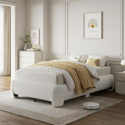 Twin Size Bed Frame Soft Cloud Bed Frame with Round Corner Bedframe with Heavy Duty Wood Slat No Box Spring Needed White