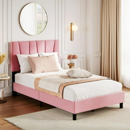 Twin Size Bed Frame with Adjustable Headboard Velvet Upholstered Tufted Twin Platform Bedframe with Strong Wooden Slats Mattress Foundation No Box Spring Needed Easy Assembly Pink