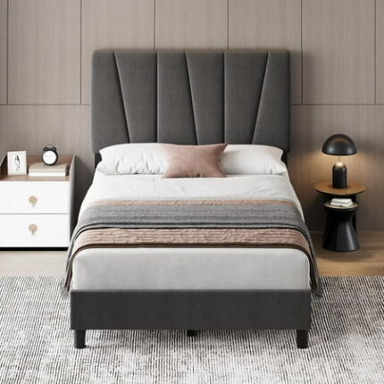 Twin Size Bed Frame with Adjustable Headboard Velvet Upholstered Tufted Twin Platform Bedframe with Strong Wooden Slats Mattress Foundation No Box Spring Needed Easy Assembly Grey