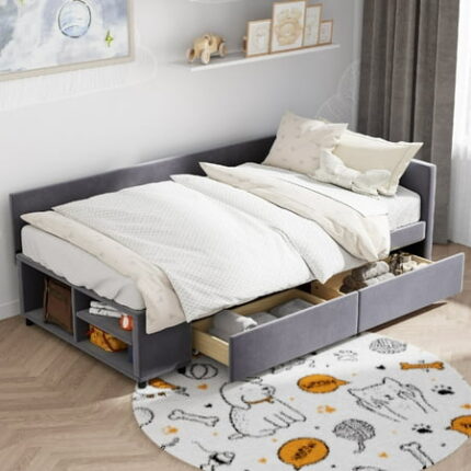 Twin Size Bed Frame with Drawers and Storage L-Shaped Velvet Upholstered Platform Bedframe with Slats Support Wooden Sofa Daybed Frame Backrest and Armrest for Bedroom Apartment Guest Room Gray