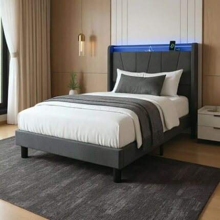 Twin Size Bed Frame with LED Lights and Charging Station Fabric Upholstered Platform Twin Bed Frame with Headboard No Box Spring Needed Bedframe Noise Free Easy Assembly Gray