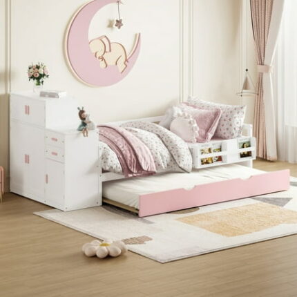 Twin Size Bed Frame with Trundle Wood Platform Bed with Wardrobe Storage Cabinet Multifunctional Bedframe with Side Small Bookshelf for Girls Boys Teens Pink+White