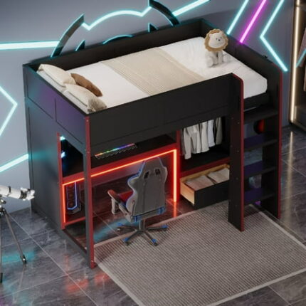 Twin Size Gaming Loft Bed Frame with Built-in Desk and Wardrobe Wooden Loft Bed with 1 Drawer and LED Lights Loft Bedframe with Safety Guard Rails and Ladder Mattress Not Included Black