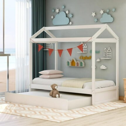 Twin Size House Bed with Trundle Solid Wood Playhouse Platform Bed Frame Floor Bedframe with House Roof for Teens Can Be Decorated Space Saving Easy Assembly White